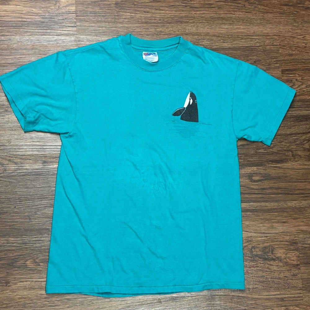 Vintage 1993 SeaWorld Shamu Killer Whale T-Shirt Medium Teal Hanes USA